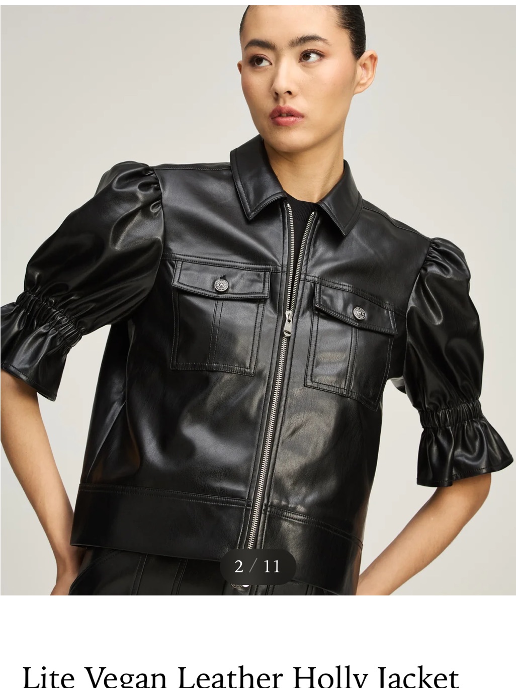 Cinq Sept Black Faux Leather Zip Jacket With Puff Short Sleeves
